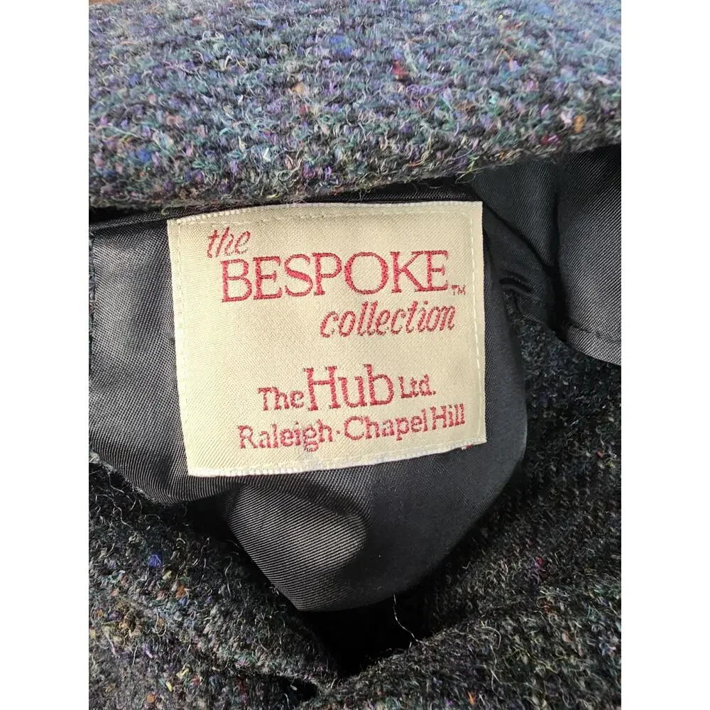 Vintage The Hub Bespoke Tweed Sport Coat Blazer Blue Multicolor Plaid USA 46L